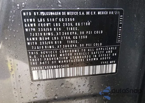 2022 Volkswagen Tiguan 2.0T Se R-Line Black from USA, damaged, VIN 3VVCB7AXXNM003425